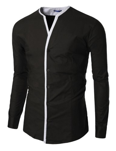 Doublju Mens Unique Double Layer No Collar Shirt