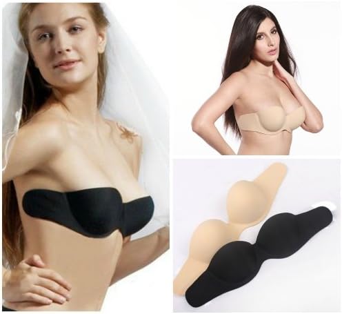 Se7en Fashion Women's Push up Go Bare Combo Adhesive Strapless Wing Bra Backless (A Cup, Black)