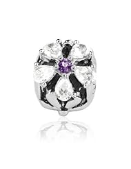 Best Gift, Sterling Silver Stunning Flower Charm with Amethyst Center and White Crystals, Fits Pandora and All Brands Charm Braceletes and Necklaces.