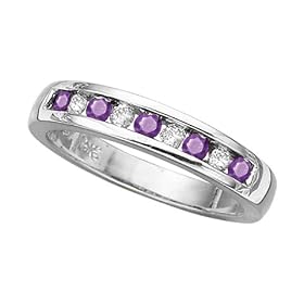 10K White Gold 0.14 ct. Diamond with Alternating 1/3 ct. Amethyst Wedding Band