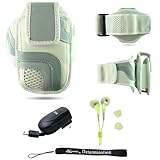 White Adjustable Deluxe Sportband / Workout Armband with Adaptable Neck Str ....