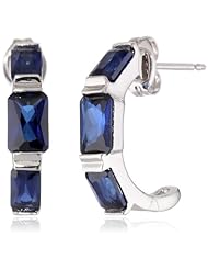 Sterling Silver Created Blue Sapphire 3-Stone Emerald Shaped J-Hoop Earrings