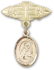 14K Gold Baby Badge with St. Isidore of Seville Charm and Badge Pin with Cross
