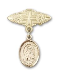 Gold Filled Baby Badge with St. Isidore of Seville Charm and Badge Pin with Cross