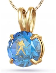 14kt Gold Aquarius Necklace: Zodiac Necklace with Inscriptions of 24kt Gold on CZ