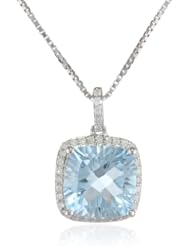 Sterling Silver Sky Blue Topaz and Diamond Cushion Cut Pendant Necklace, 18"