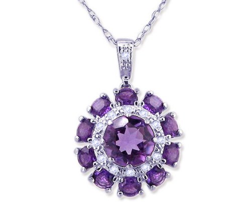 14K White Gold Floral Burst Gemstone and Diamond Pendant-Amethyst ,w/o Chain