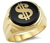 New Solid 14k Yellow Gold Mens Onyx Dollar Sign Ring