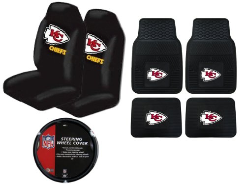 A Set of 4 NFL Universal Fit Front All-Weather Floor Mats and A Set of 2 Universal Fit Seat Covers and 1 Steering Wheel Cover - Kansas City Chiefs