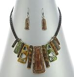 Beautiful Icon Collection Antique Silver Brown Tribal Bib Necklace and Earrings Set on Brown Braided Cord