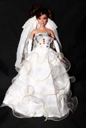 Elegant White Ball Gown Featuring Lace Butterfly and Ruffles w/ Gold Trim, Handmade to Fit the Barbie Sized Doll