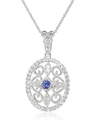 Sterling Silver Round Created Blue Ceylon Sapphire with Created White Sapphire Pendant Necklace, 18"