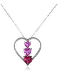 Sterling Silver, Created Pink Sapphire, Created Ruby, and Diamond Heart Pendant Necklace, 18"