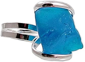Sea Glass Hand-crafted Wire Wrapped Adjustable Ring Large Capri Blue