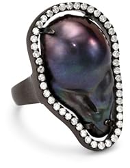 Jordan Alexander Sterling Silver with Navy Pearl Slice in Diamond Ring