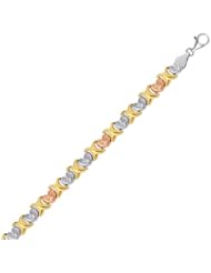 14K Yellow and Rose Gold and Sterling Silver Diamond Cut Heart Chain Bracelet