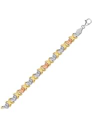 14K Yellow and Rose Gold and Sterling Silver Diamond Cut Heart Chain Bracelet
