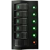 Amarine-made 6 Gang Splashproof Waterproof Rocker Switch Panel Black with Red & Green LED Indicators for Boat Marine Bridge Control , Push Button Circuit Breakers Overload Protected, 12v 24v PCB+LED