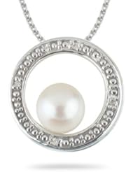0.02 Cts Diamond & 6 mm Pearl Circle Pendant in 14K White Gold