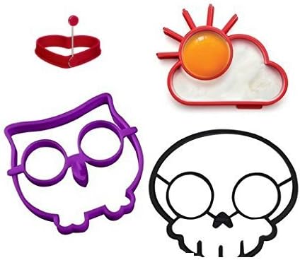 Egg Ring Set 8 Pk 1 Sunrise Egg Ring, 1 Skull Egg Ring, 1 Owl Egg Ring, 1 Heart Egg Ring, 1 Silicone Funnel, with Bonus 1 Gingerbread Man Mold, 1 Tea Infuser Man, and 1 Candy Chocolate Bullet Mold.