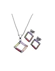 Nickel Free Sterling Silver Pendant & Earring Sets Multi Color Open Square CZ Set