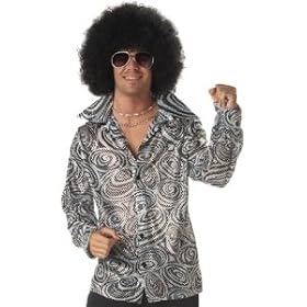 Couples Costumes Mens 60s 70s Silver Sparkle Disco Costume Shirt 1960s 1970s Party Outfit + Afro Wig