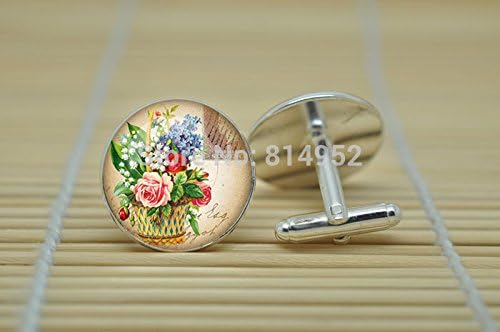Pretty Lee Flower Jewelry Ephemera French Postcard Cufflinks In Silver Glass Cabochon Cuff Links C1337