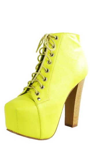 Leatherette Wooden Heel Booties NEON YELLOW