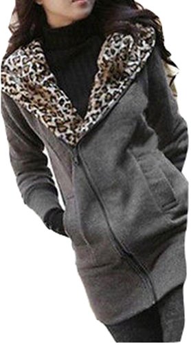 Women Winter Leopard Hoodie Zip Coat Long Sweatshirt Fleece Jacket