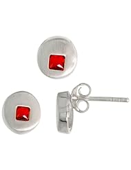 Sterling Silver Matte-finish Round-shaped Earrings (7mm) & Pendant Slide (8mm) Set, w/ Princess Cut Ruby-colored CZ Stones