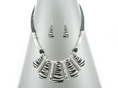 Icon Collection Unique Black/White Zebra Striped Tribal Bib-Style Fashion Necklace and Earrings Set on Black Braided Corder Crystal Accents Antique Silver Tone reasonable price Icon Collection Unique Black/White Zebra Striped Tribal Bib-Style Fashion Necklace and Earrings Set on Black Braided Corder Crystal Accents Antique Silver Tone reasonable price