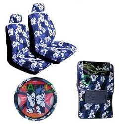 11 Piece Hawaiian Auto Interior Gift Set - Blue Hawaii Hibiscus Floral print : 2 Low Back Seat Cover, 2 Headrest Cover, Steering Wheel Cover, 2 Shoulder Harness Pressure Relief Cover, 2 Front Floor Mat and 2 Rear Floor Mat - Blue