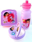 Dora the Explorer Lunch Set --- Flip-top Dora Food Storage Snack Container, Dora Sandwich Container Box, and Dora Water Bottle (Pull-top Water Bottle or Pull-top Water Jug with a Handle --- see photos for the options)