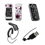 LG Voyager VX10000 - Premium Purple Hawaiian Flowers Design Snap-On Cover Hard Case Cell Phone Protector + Crystal Clear Screen Protector + Rapid Car Charger + USB Data Charge Sync Cable for LG Voyager VX10000