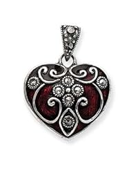 Sterling Silver Red Enamel & Marcasite Heart Pendant