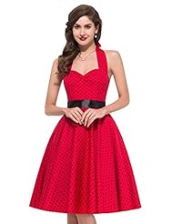 Halter  Belted Vintage Cotton Polka Dot Print Bandage Dress  With a Bow(s)