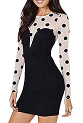 Round Neck Long Sleeves Polka Dot Print Full Length Sheath Stretchy Polyester Bodycon Dress/Jumpsuit 