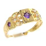 9K Yellow Gold Womens Amethyst & Opal Eternity Medieval Style Band Ring - Finger Sizes 5 to 12 Available