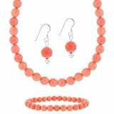 Sterling Silver 6mm Simulated Pink Coral Stone Bead Beaded Dangle Hook Earrings Stretch Bracelet Necklace 15-19'' Jewelry Set