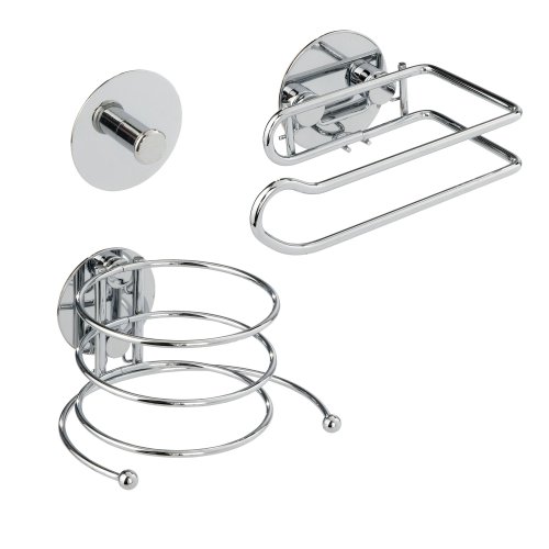 Wenko 19896100 Bad-Accessoire-Set Turbo-Loc - Befestigen ohne Bohren, Haken, Haartrocknerhalter, Toilettenpapierhalter, Chrom