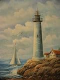 12X16 inch Seascape Canvas Art Repro Lighthouse Sailing Boat
