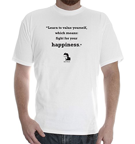 Mens printed white cotton T-Shirt Fruit of the Loom Ayn Rand quote: Happiness