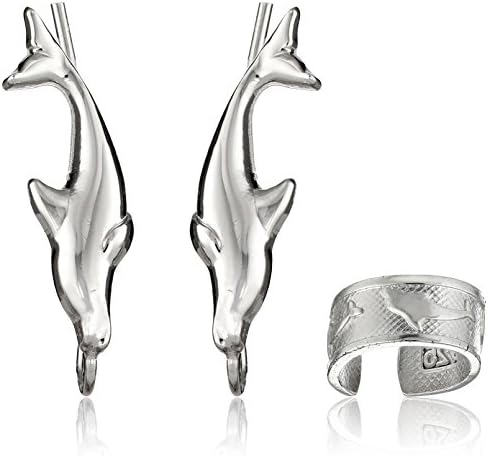 The Ear Pin Sterling Silver Diving Dolphin Earrings with Dolphin Earcuff Earrings