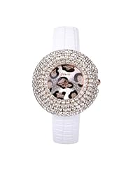 ZLYC Womens Leopard Print Rhinestone Accented Quartz Watch White Strap