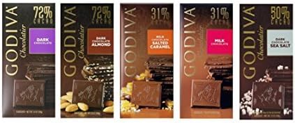 Godiva Chocolatier, 5 Variety Pack,3.5 Oz Each, (72% Dark Chocolate, 72 % Dark Chocolate Almond,31 % Milk Chocolate, 31% Milk Choc Salted Caramel,50% Dark Choc Sea Salt), (Pack of 5) by Godiva Chocolitier