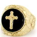 10K Gold Cross Crucifix Jesus Nugget Onyx Mens Ring