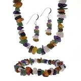 Sterling Silver Genuine Tiger Eye, Carnelian, Aventurine, Amethyst, and Rose Quartz Stone Chip Earrings Bracelet Necklace Jewelry Set