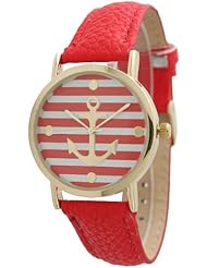 Womens Geneva Striped Anchor Style Leather Watch - Red