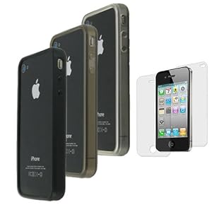3 Color Pack Bumper Design TPU Silicone Crystal Skin Case for Apple iPhone 4 4th Generation with Front & Back Screen Protector, AT&T