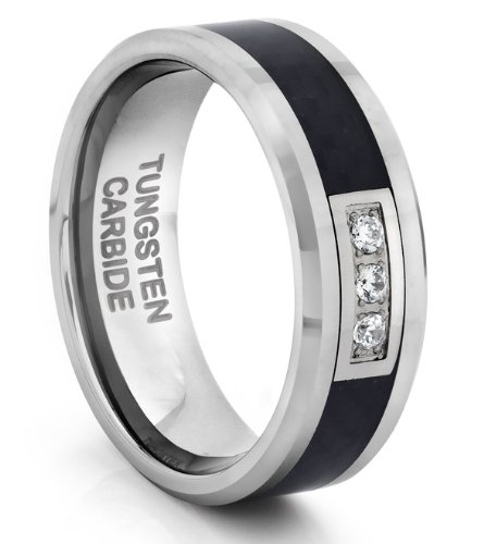 Deal 8MM Tungsten Carbide Triple Diamond CZ Mens Wedding Band Ring w/ Black Carbon Fiber Inlay (Available Sizes 7-14 Including Half Sizes) (13) Guides